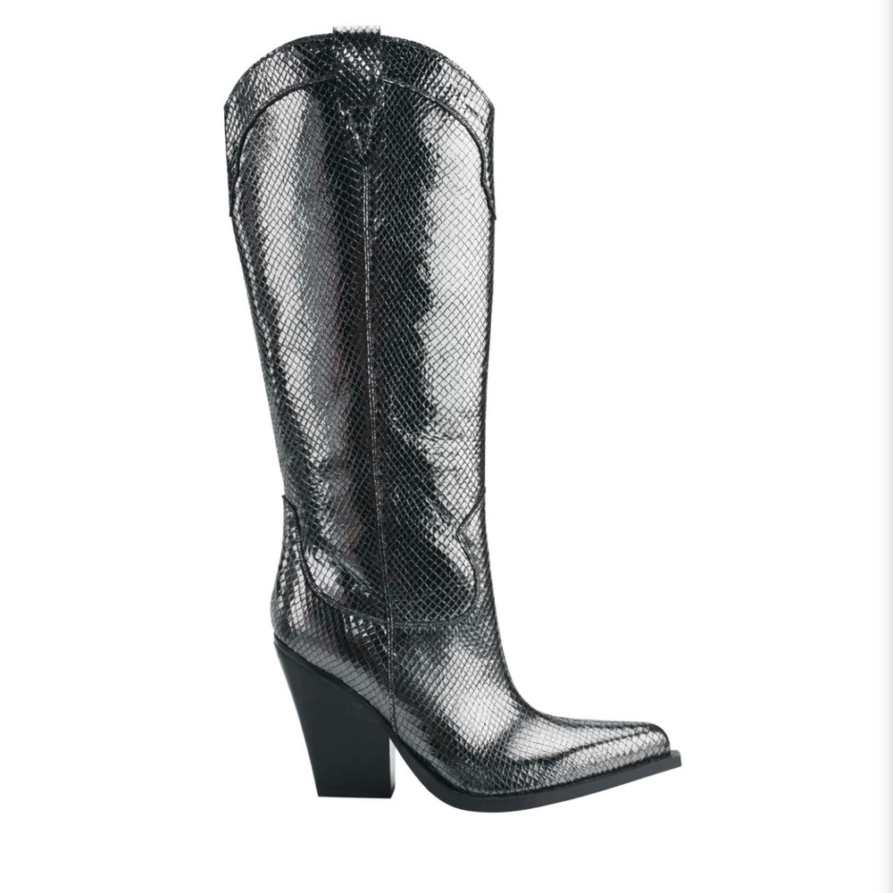Marc Fisher Nalita Snakeskin Pewter Leather Women’s Western Boots Sz 8.5 NEW